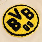 The image shows a close-up of the black-and-yellow BVB logo on a beige fabric, ideal for baby and children's clothing.