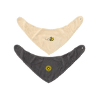 BVB terry cloth triangle scarf set for babies in cream and dark gray. One features an embroidered bee, the other the BVB emblem; they have practical snap closures and are soft and comfortable to wear.