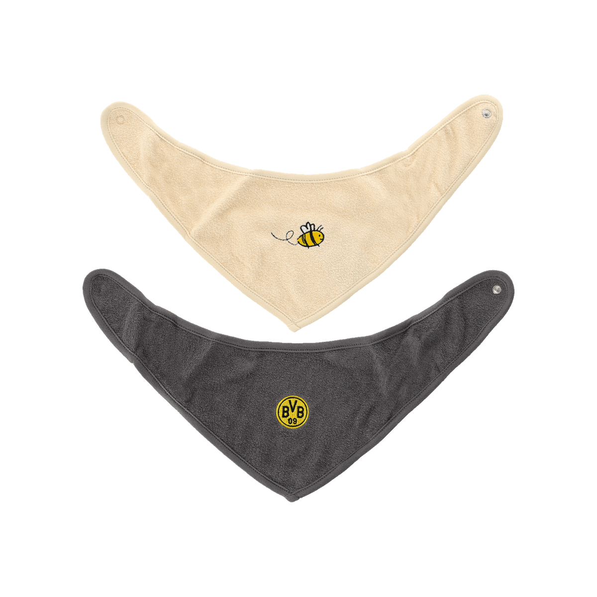 BVB terry cloth triangle scarf set for babies in cream and dark gray. One features an embroidered bee, the other the BVB emblem; they have practical snap closures and are soft and comfortable to wear.