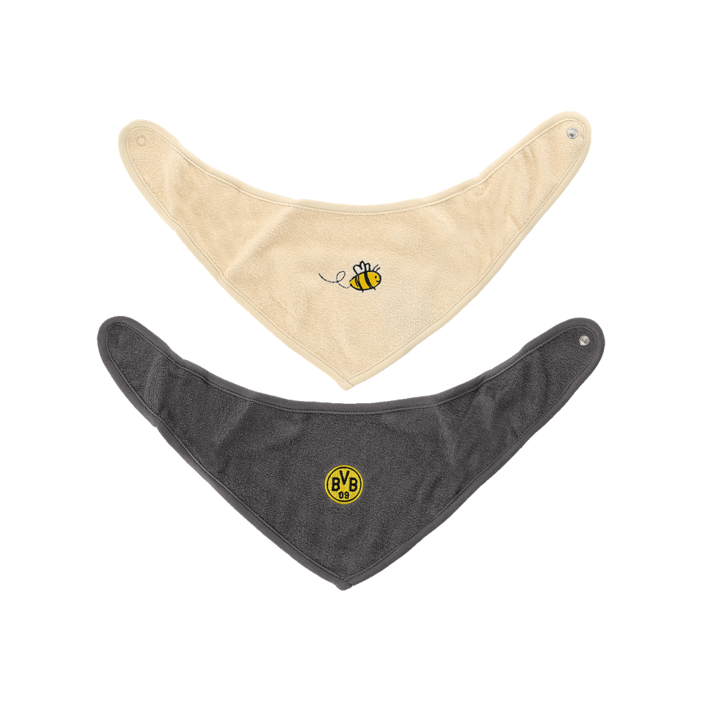 BVB-Dreieckstuch-Set aus Frottee für Babys in cremefarben und dunkelgrau. Eines mit aufgestickter Biene, das andere mit BVB-Emblem, praktische Druckknöpfe, weich und angenehm zu tragen.