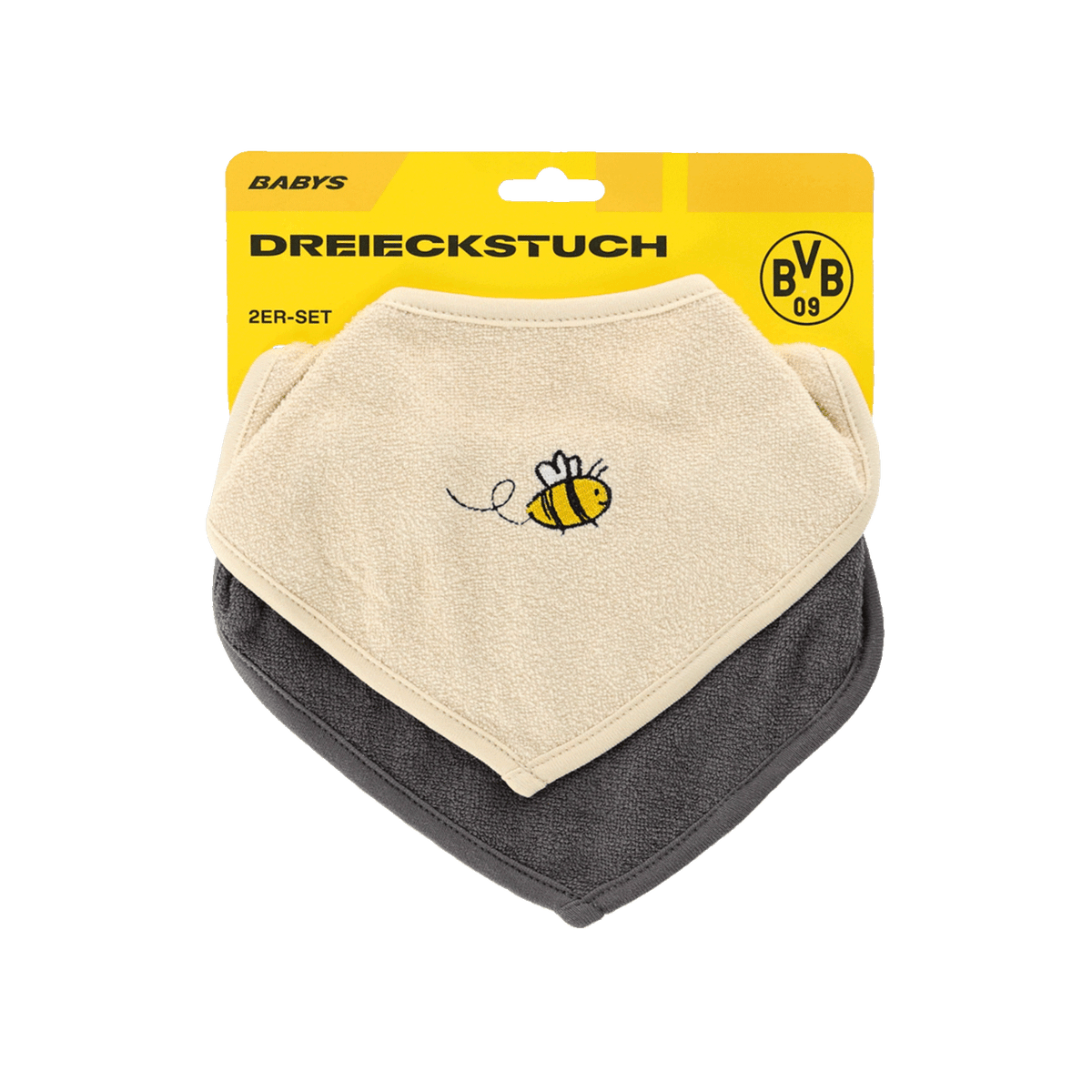 BVB terry cloth triangle washcloth set for babies, consisting of one beige and one gray washcloth, decorated with the BVB bee and presented in yellow packaging.