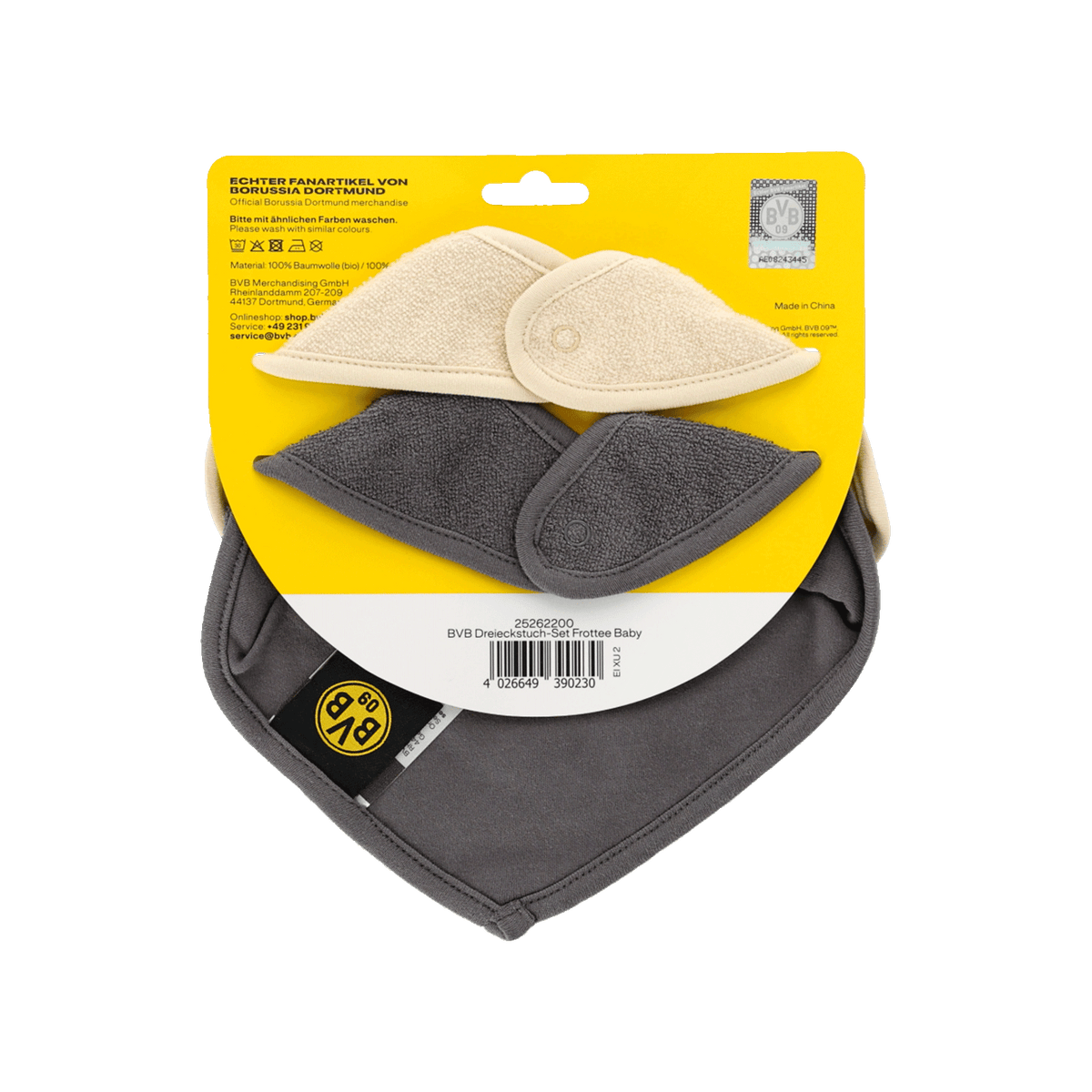 BVB terry cloth baby triangle scarf set in gray and beige—perfect as fan merchandise and a practical accessory for little ones.