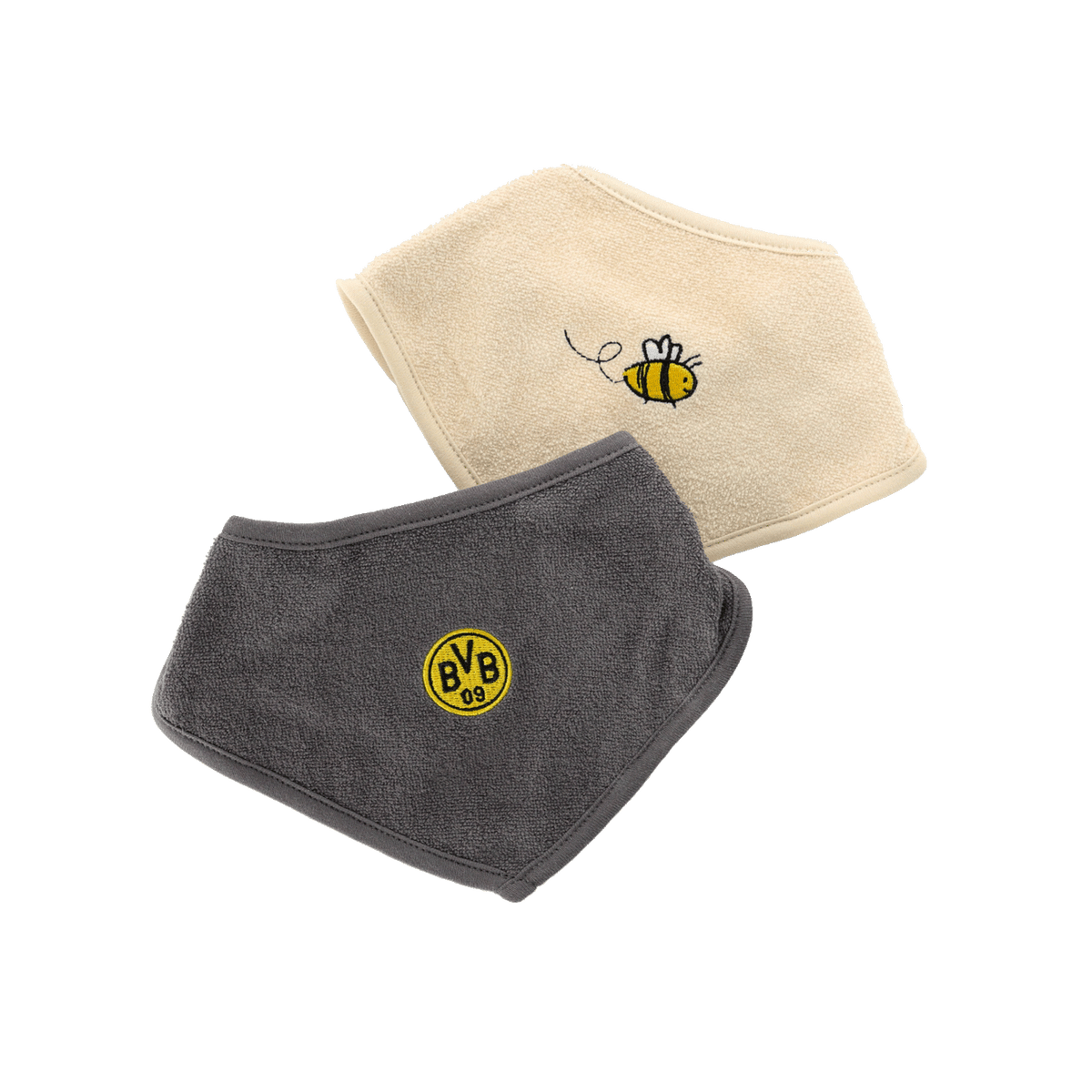 Frottee-Dreieckstuch-Set des BVB bestehend aus einem grauen Tuch mit BVB-Logo und einem beigen Tuch mit einer aufgestickten Biene, perfekt für Babys und Kleinkinder.