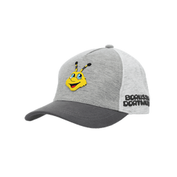 Graue BVB-Kappe für Babys und Kleinkinder im Colorblock-Design mit gelbem Emma-Logo und Borussia Dortmund Schriftzug auf der Seite.