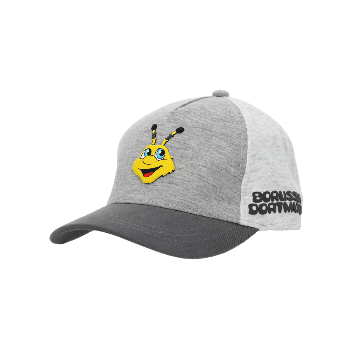 Graue BVB-Kappe für Babys und Kleinkinder im Colorblock-Design mit gelbem Emma-Logo und Borussia Dortmund Schriftzug auf der Seite.