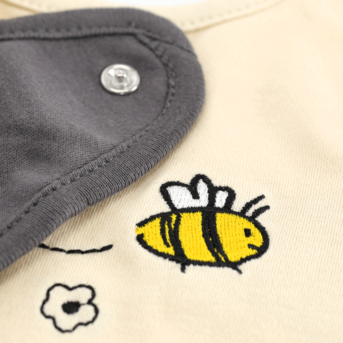 Detailansicht eines BVB Baby-Lätzchen-Sets mit Bienendesign und schwarzgelbem Motiv, ideal als Fanartikel und Geschenk für Babys.