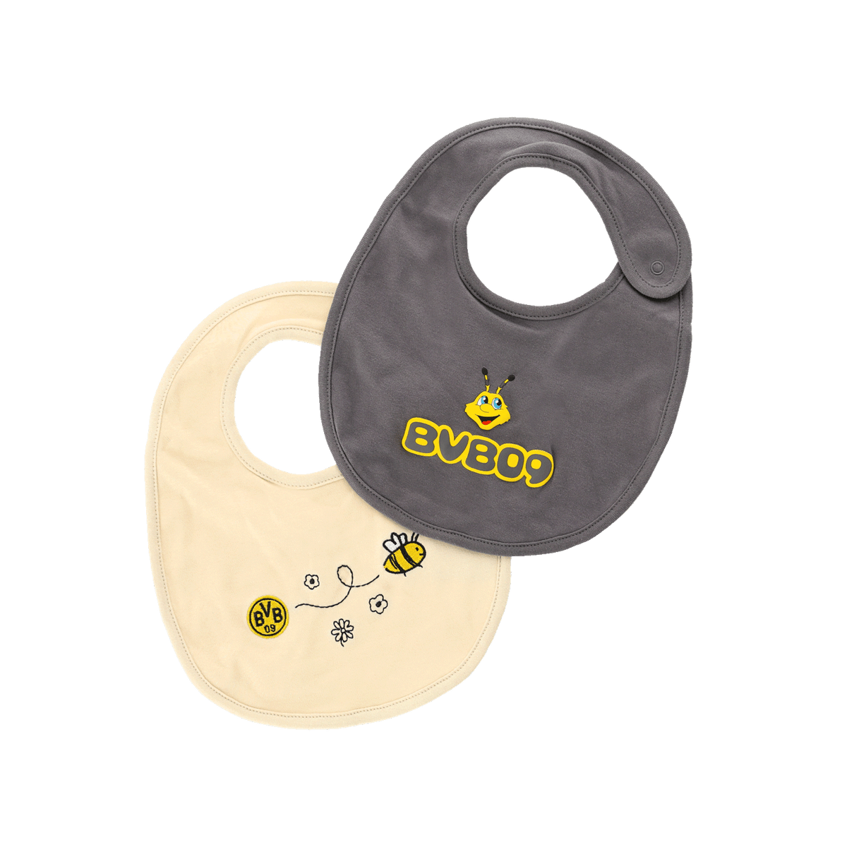 BVB Lätzchen-Set bestehend aus zwei Baby-Lätzchen; ein graues mit BVB09-Logo und EMMA-Motiv, ein beiges mit Bienen- und Blütendesign.