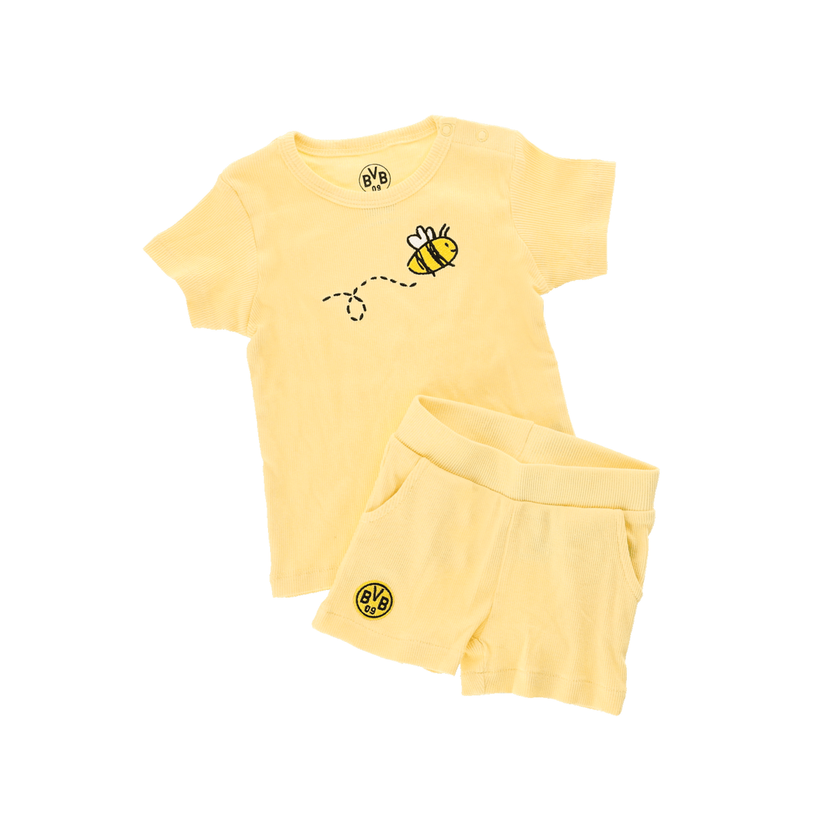 Gelbes BVB-Baby- und Kleinkinder-Ripp-Set bestehend aus einem T-Shirt mit aufgestickter Biene und einer Shorts mit BVB-Logo.