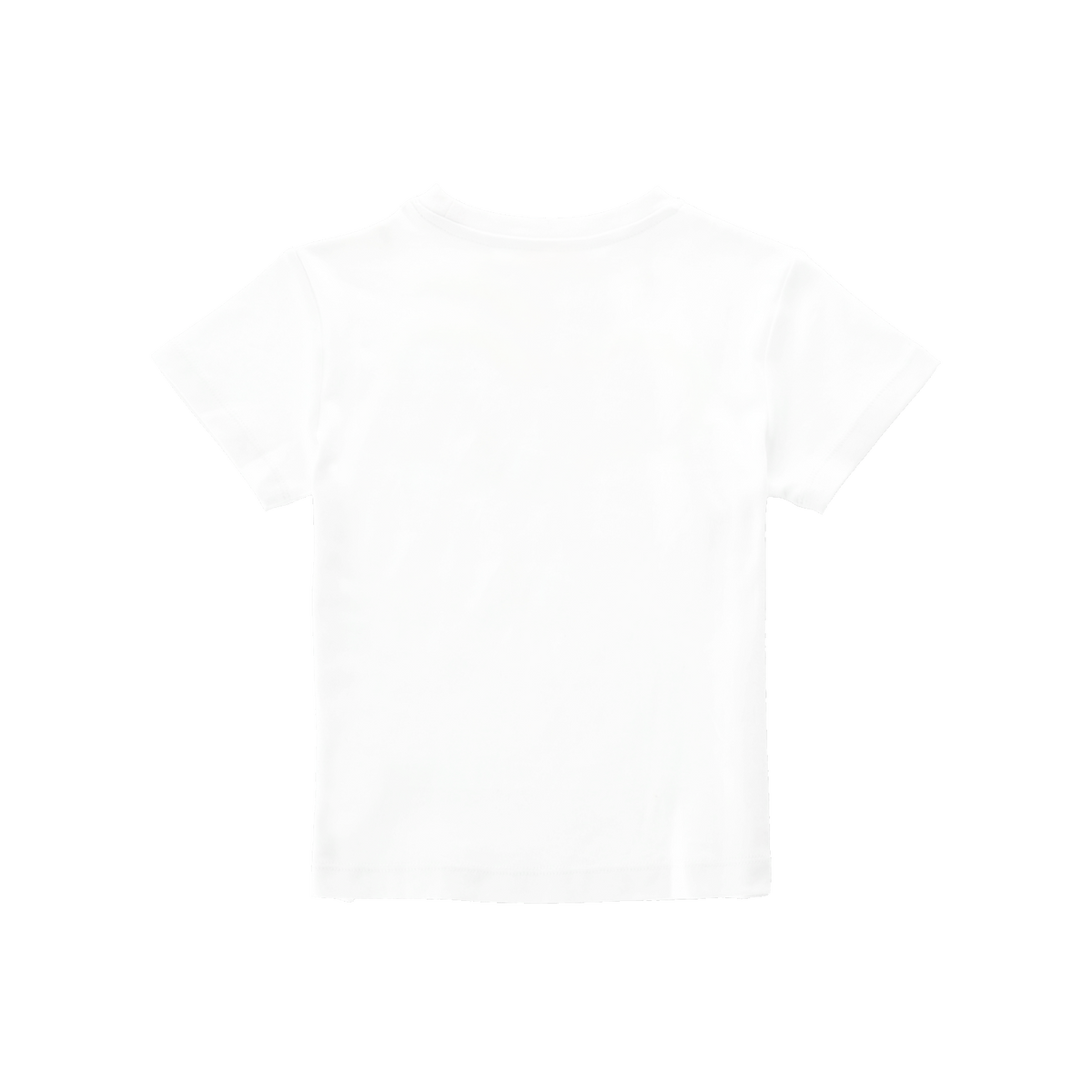 Vista trasera de una camiseta blanca de manga corta para bebé, con un diseño sencillo, ideal para niños pequeños y perfecta como artículo de aficionado del Borussia Dortmund.