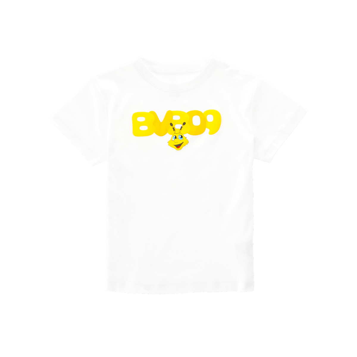Weißes BVB T-Shirt für Babys und Kleinkinder mit gelbem BVB 09-Schriftzug und EMMA-Motiv auf der Vorderseite. Idealer Fanartikel für die kleinen Fans von Borussia Dortmund.