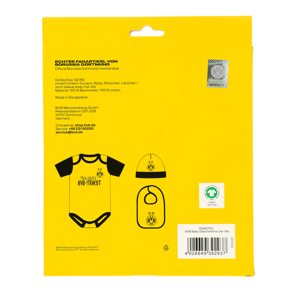 Gelbe BVB Baby Geschenkbox mit Kurzarm-Body, Mütze und Lätzchen im Design von Borussia Dortmund mit BVB-Logo.
