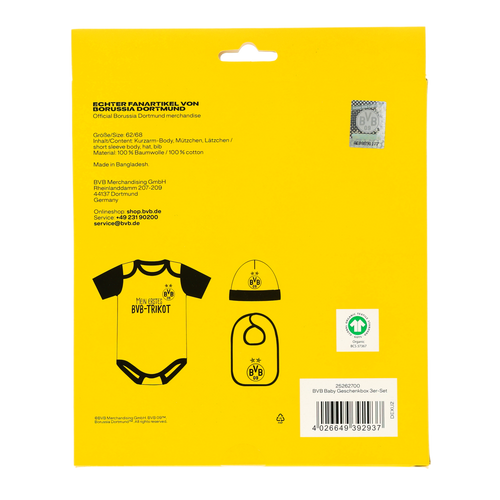 Gelbe BVB Baby Geschenkbox mit Kurzarm-Body, Mütze und Lätzchen im Design von Borussia Dortmund mit BVB-Logo.