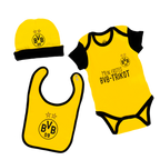 The 3-piece BVB Baby Gift Set includes a yellow onesie, a bib, and a hat featuring the BVB logo in a black-and-yellow design—perfect for little Borussia Dortmund fans.
