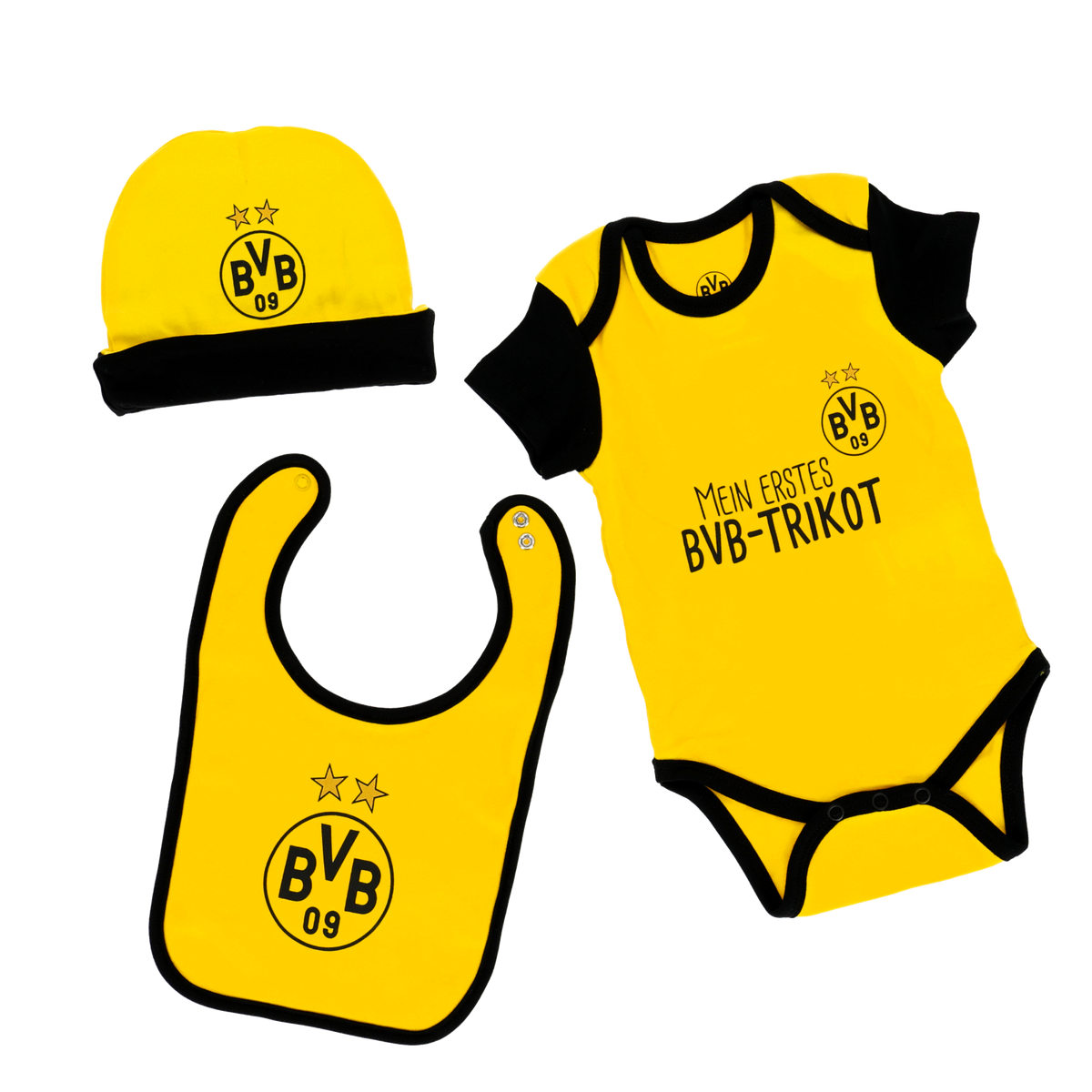 The 3-piece BVB Baby Gift Set includes a yellow onesie, a bib, and a hat featuring the BVB logo in a black-and-yellow design—perfect for little Borussia Dortmund fans.