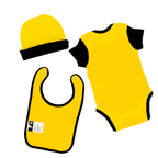Black-and-Yellow BVB Baby Gift Set featuring a onesie, a hat, and a bib in the Borussia Dortmund design. Perfect for the littlest fans.
