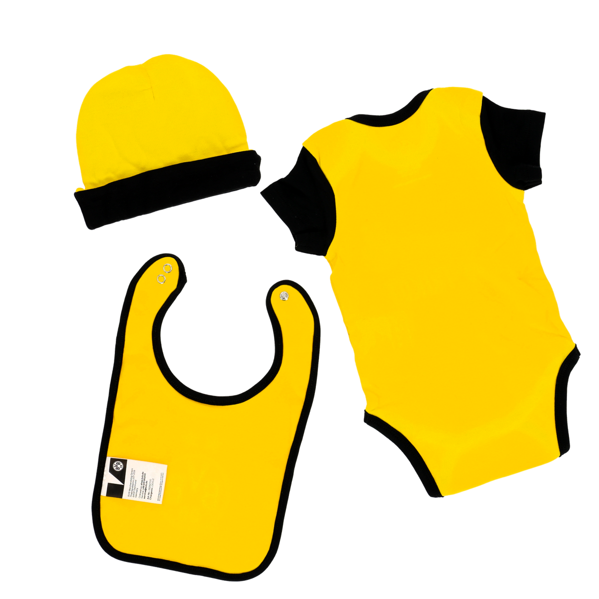 Black-and-Yellow BVB Baby Gift Set featuring a onesie, a hat, and a bib in the Borussia Dortmund design. Perfect for the littlest fans.