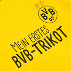 Yellow baby jersey from the BVB gift box featuring black lettering that reads “My First BVB Jersey” and the BVB logo with two stars—perfect for little Borussia Dortmund fans.
