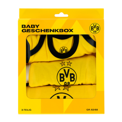 Black-and-yellow gift box set for babies, includes 3 pieces with BVB logos, ideal for little Borussia Dortmund fans, size 62/68.