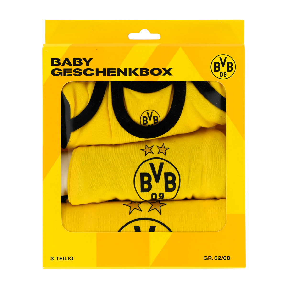Geschenkbox in schwarzgelb für Babys im 3er-Set mit BVB-Logos, ideal für kleine Borussia Dortmund Fans, in der Größe 62/68.