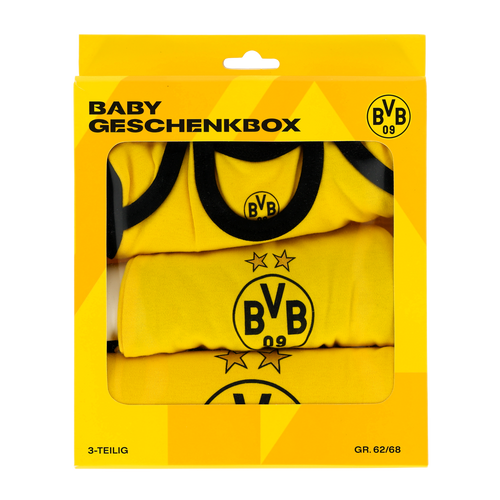 Geschenkbox in schwarzgelb für Babys im 3er-Set mit BVB-Logos, ideal für kleine Borussia Dortmund Fans, in der Größe 62/68.