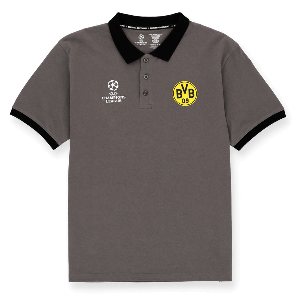 Gray BVB polo shirt with a black collar and cuffs, featuring the BVB logo and the white Champions League logo on the chest.