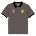 Gray BVB polo shirt with a black collar and cuffs, featuring the BVB logo and the white Champions League logo on the chest.