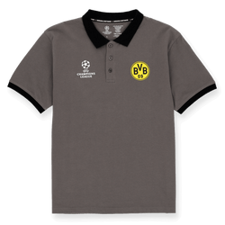 灰色多特蒙德（BVB）Polo衫，配有黑色领口和袖口，胸前印有多特蒙德（BVB）队徽和白色欧冠徽标。