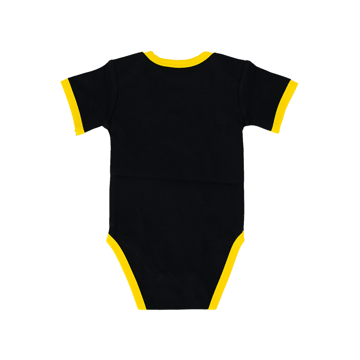 Schwarzgelber BVB-Babybody in der Rückansicht mit gelben Details an Ärmeln, Kragen und Beinabschlüssen.