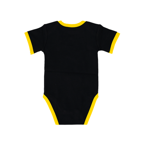Body noir et jaune pour bébé du BVB, vu de dos, avec des détails jaunes sur les manches, le col et les bas des jambes.