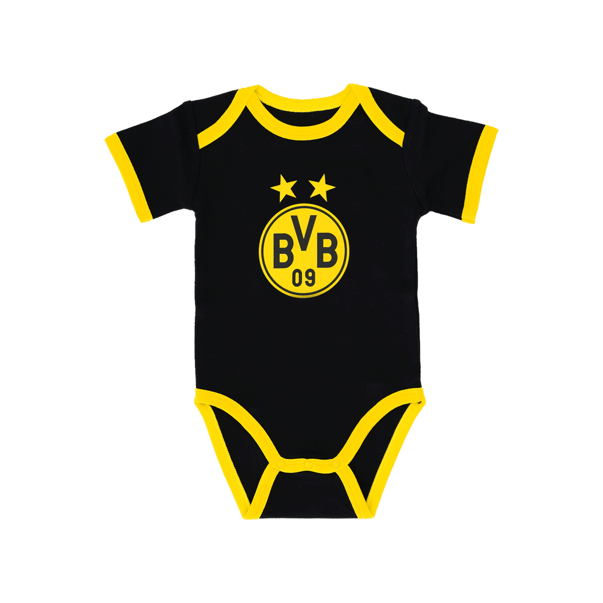 Babybody in schwarzgelb mit BVB-Emblem, perfekt für kleine Borussia Dortmund Fans.