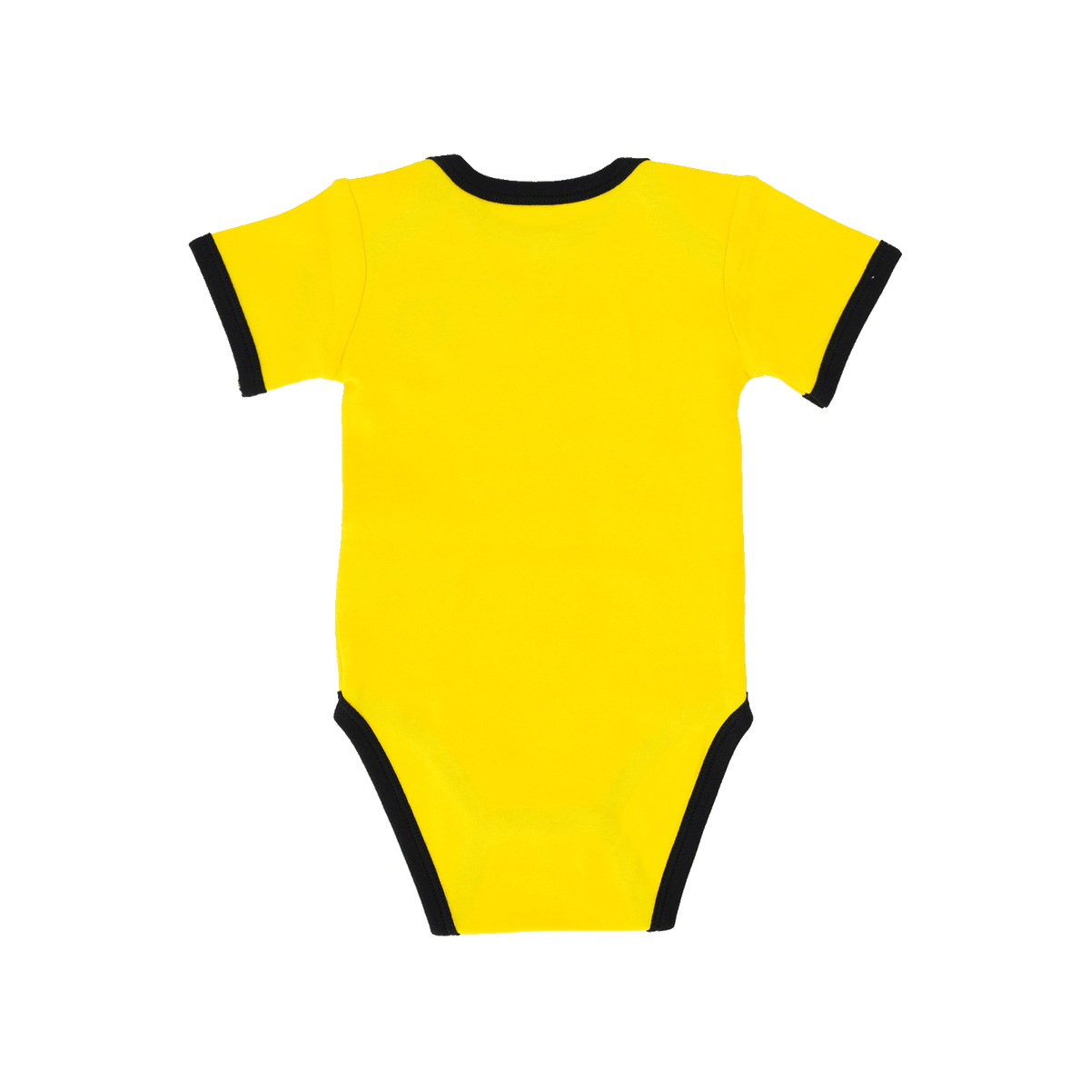 Schwarzgelber BVB-Baby-Body aus 100% Baumwolle mit schwarzen Bündchen an Ärmeln, Halsausschnitt und Beinen. Rückansicht des Fanartikels.
