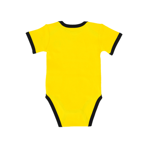 Body noir et jaune pour bébé du BVB, 100 % coton, avec des bords-côtes noirs aux manches, à l'encolure et aux jambes. Vue de dos de cet article pour supporters.
