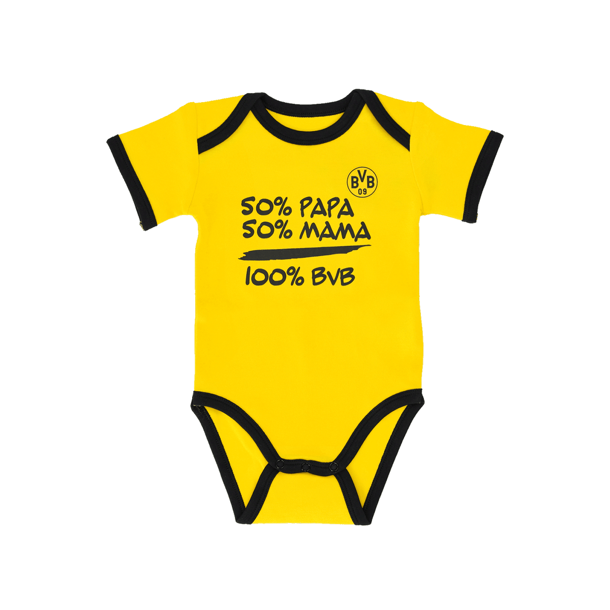 Gelber Babybody mit schwarzen Details, BVB-Logo links auf der Brust und Schriftzug '50% Papa, 50% Mama, 100% BVB'. Perfekt für die kleinsten Borussia Dortmund Fans.