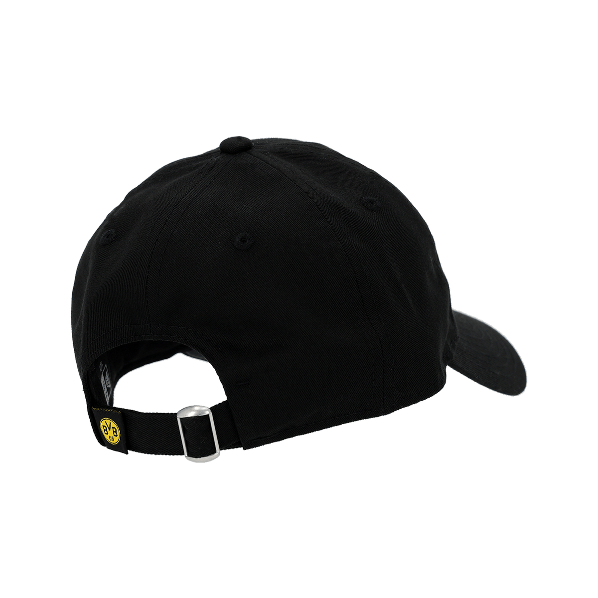 Rückansicht der schwarzen BVB-Cap New Era 9Twenty College für Kinder, mit verstellbarem Verschluss und aufgesticktem BVB-Logo.