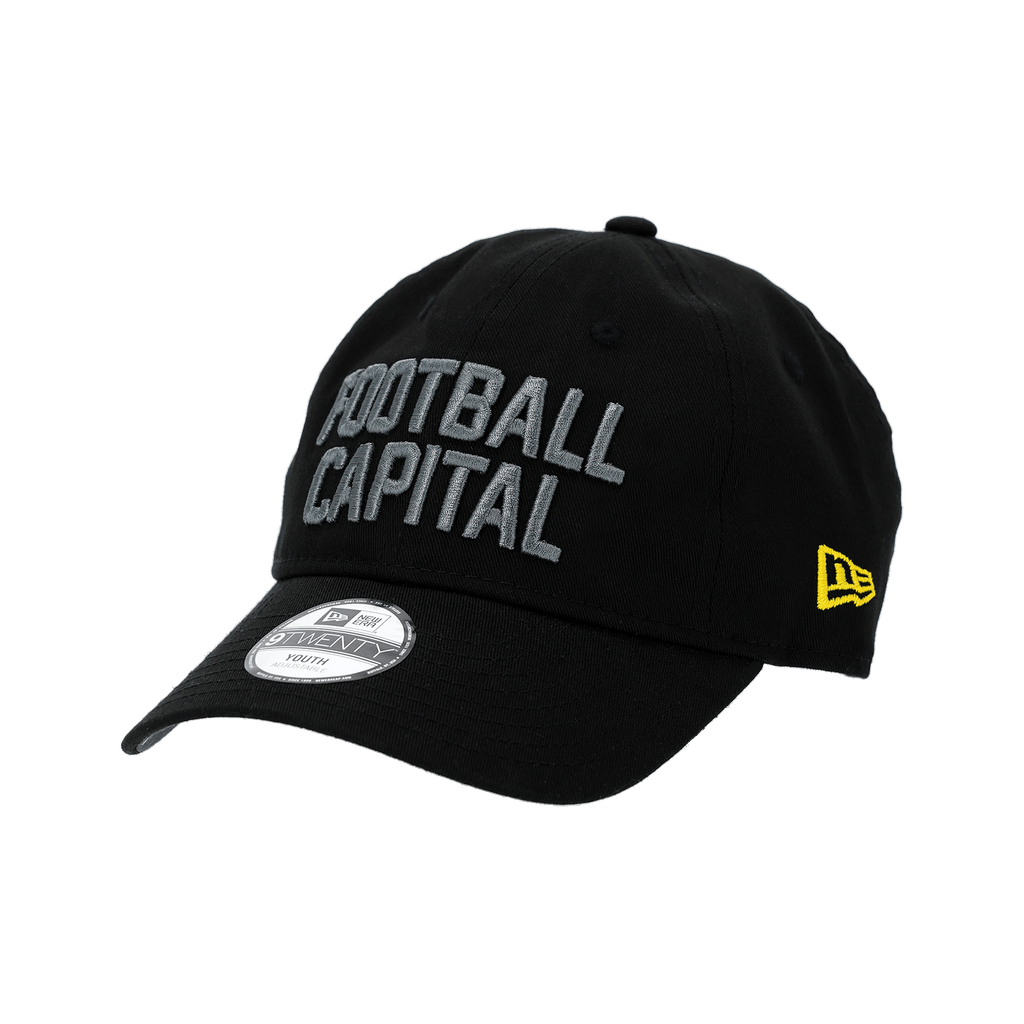 Black BVB New Era 9Twenty College cap for kids with gray "Football Capital" lettering and a yellow New Era logo on the side, perfect for Borussia Dortmund fans.