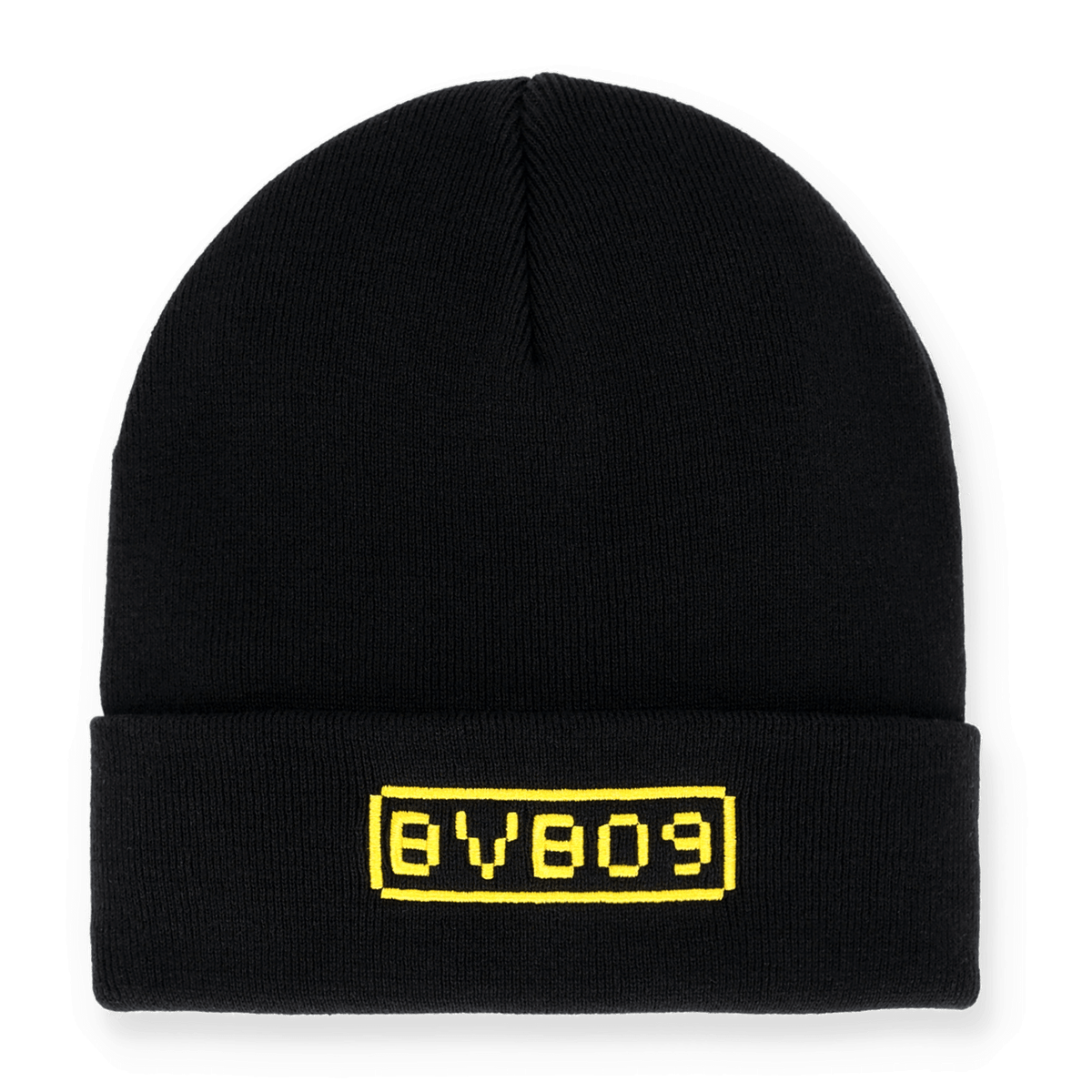 Schwarze BVB Beanie für Kinder mit aufgesticktem gelbem BVB 09 Logo in der Vorderansicht.