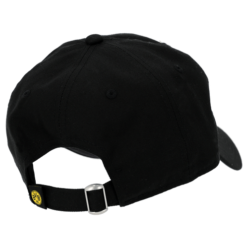 Schwarze BVB-Cap von New Era im 9Twenty College-Stil aus Baumwollmaterial, mit verstellbarem Riemen und gelbem BVB-Logo auf der Rückseite.