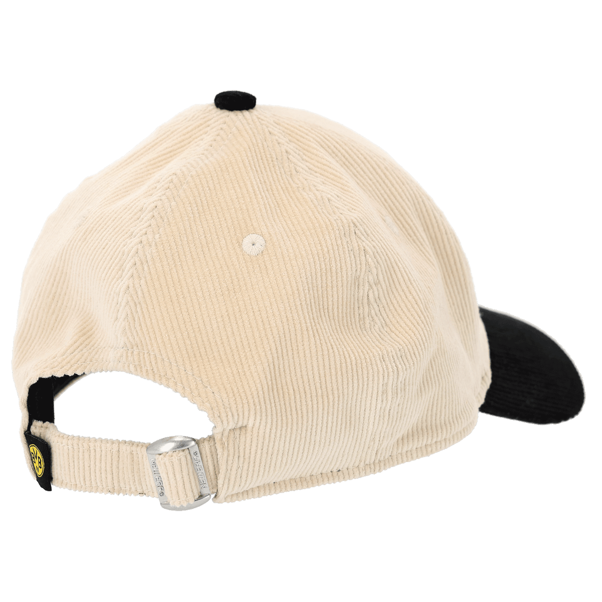 Rückansicht der BVB New Era 9Forty Cord Kappe in Beige mit schwarzem Schirm und verstellbarem Verschluss, ideal als stilvolles Fan-Accessoire.