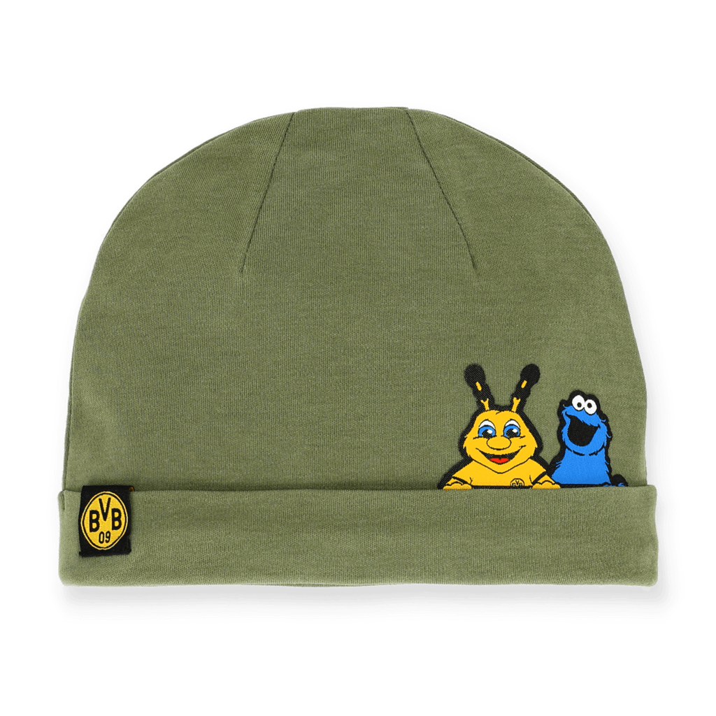 Green BVB baby hat featuring embroidered characters EMMA and the Cookie Monster from Sesame Street, with the BVB logo on the brim.