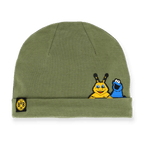 Green BVB baby hat featuring embroidered characters EMMA and the Cookie Monster from Sesame Street, with the BVB logo on the brim.
