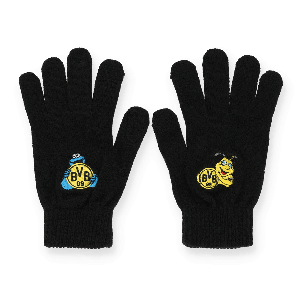 Schwarze BVB-Kinderhandschuhe mit aufgesticktem Krümelmonster und EMMA, perfekt für kleine Borussia Dortmund-Fans im Winter.
