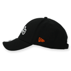 Black BVB New Era 9Forty Heat 2025 cap with a curved brim and an orange logo on the side, perfect for Borussia Dortmund fans.