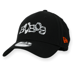 Black New Era BVB 9Forty cap from the Heat 2025 collection, featuring an embossed silver BVB 09 logo and orange embroidery on the side.