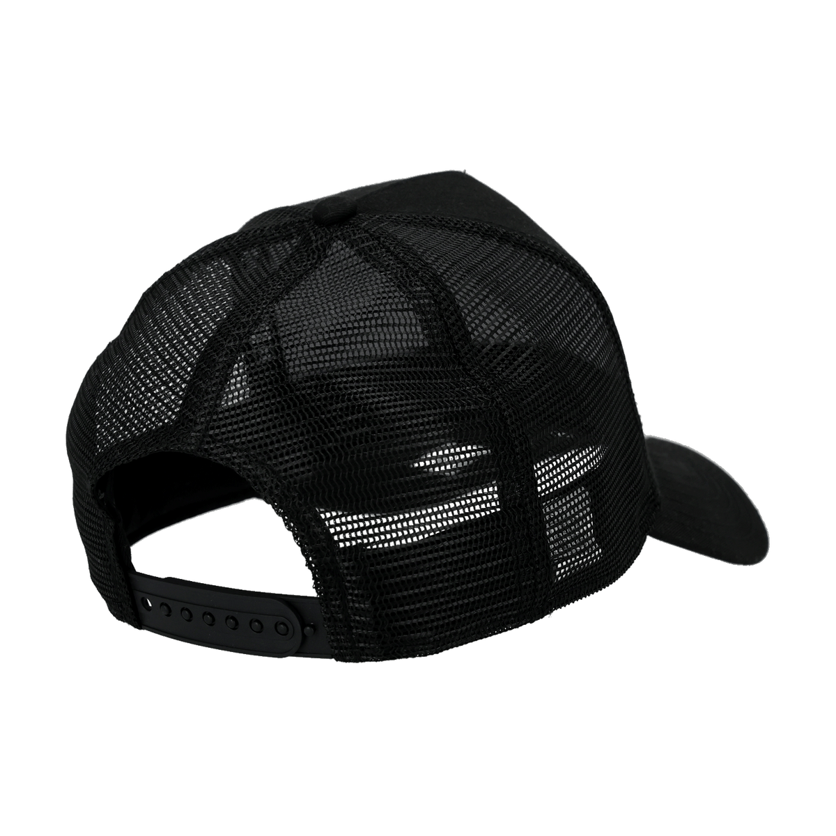 メッシュ素材とサイズ調整可能な留め具を備えた、ブラックのBVB New Era トラッカーキャップ「Essentials」の後姿。
