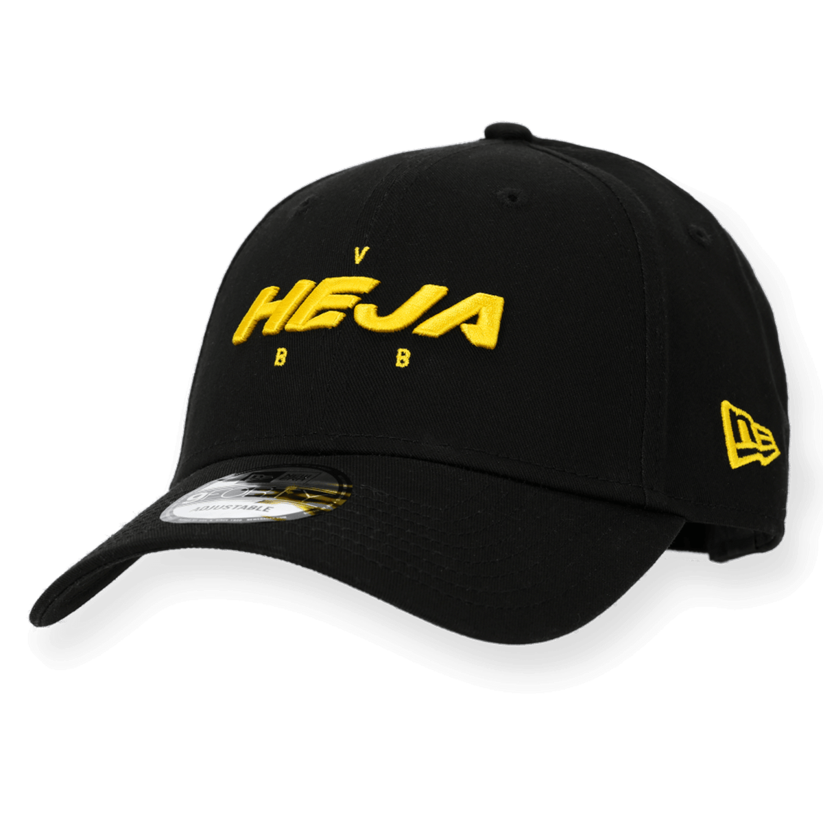 Gorra negra del Borussia Dortmund, modelo New Era 9Forty, con la inscripción «Heja BVB» en amarillo sobre fondo negro, vista lateral.