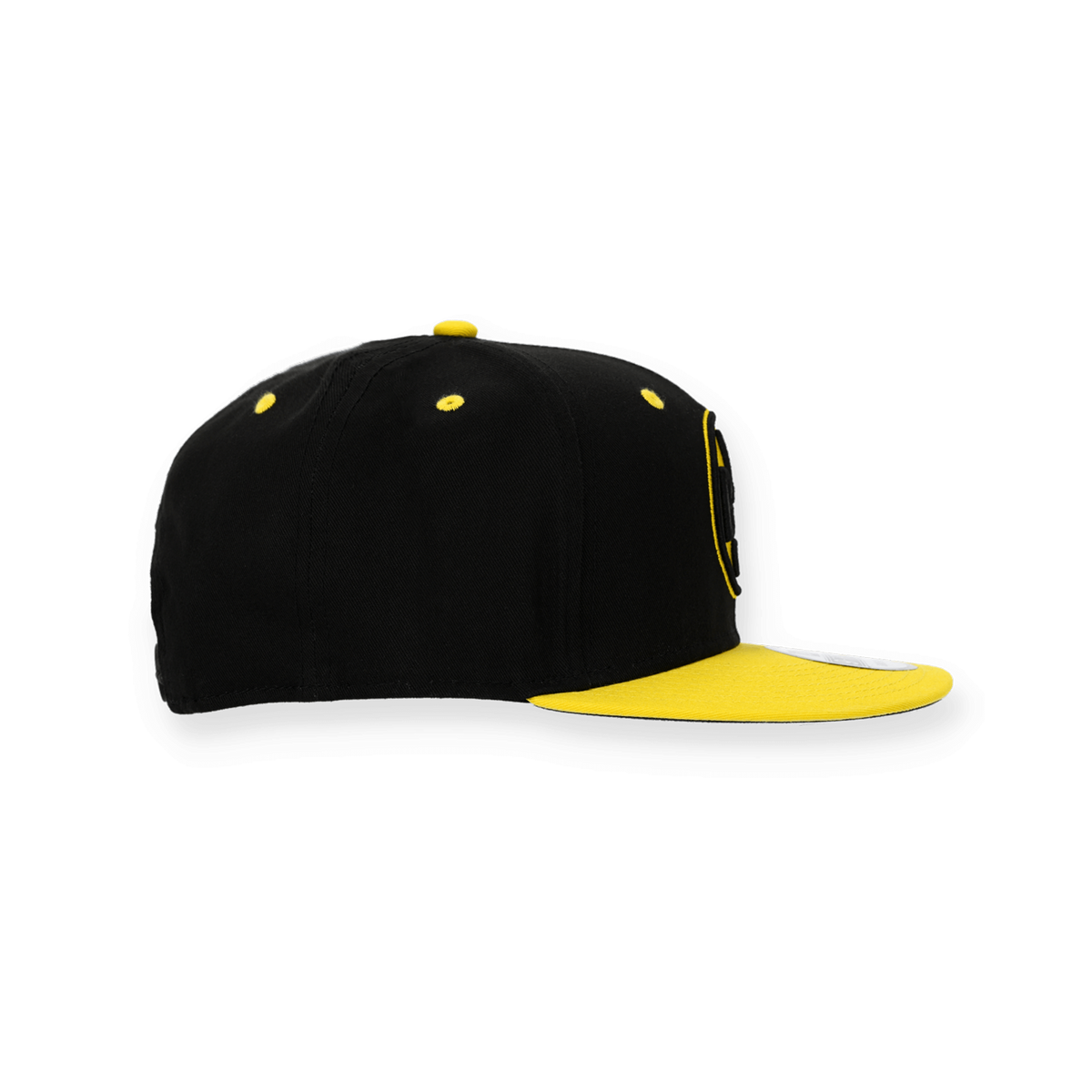 Casquette BVB noire New Era 9Fifty Snapback Classic pour enfants, avec visière jaune et logo BVB, vue de profil