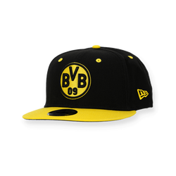 Casquette Snapback noire du BVB de la marque New Era, modèle 9Fifty pour enfants, avec une visière jaune et le logo du BVB sur le devant.