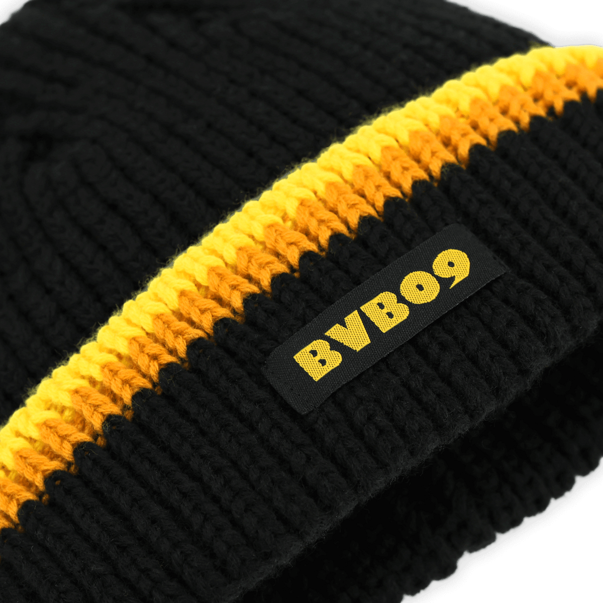 BVB Mütze im 70s Retro-Design mit schwarzgelbem Streifenmuster und aufgenähtem BVB 09-Logo, ideal für Fans.