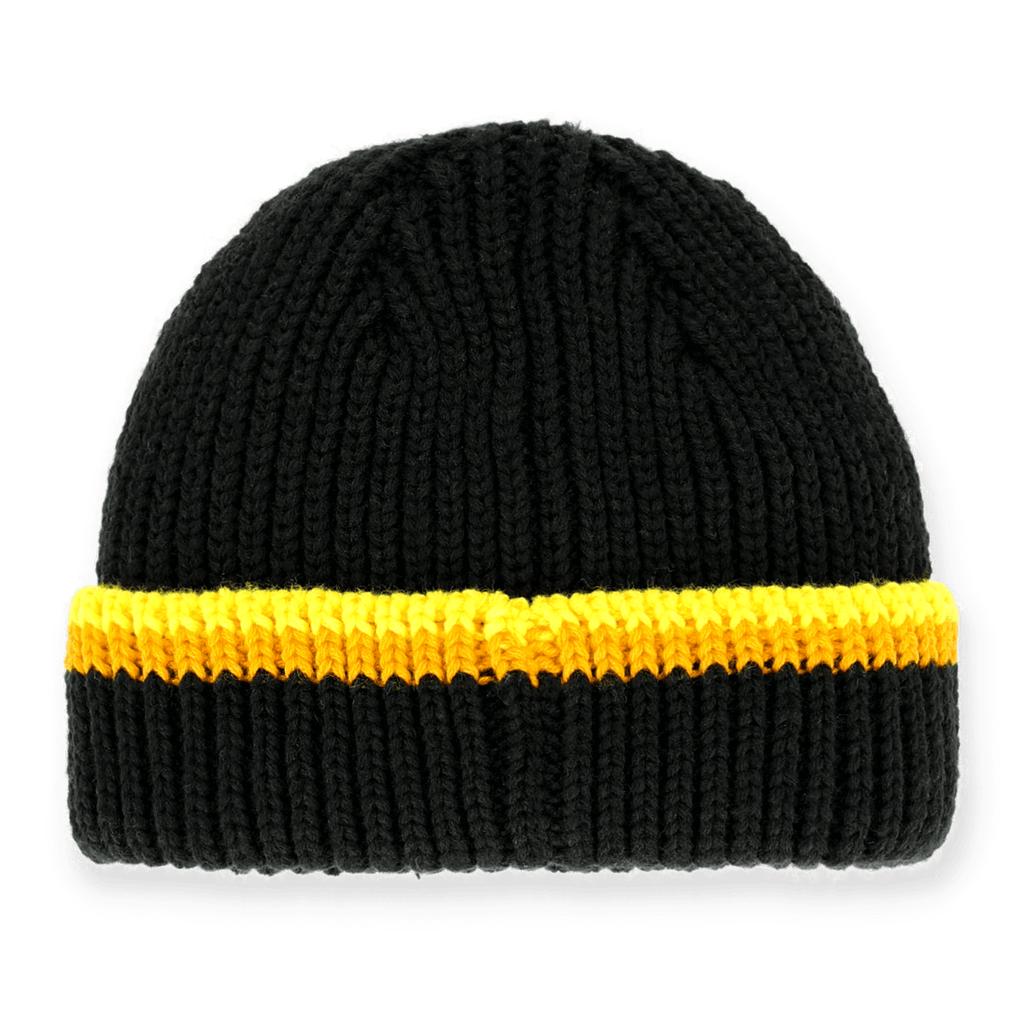 Bonnet noir et jaune du BVB au style rétro des années 70, orné d'une rayure jaune bien visible, idéal pour les supporters du Borussia Dortmund.