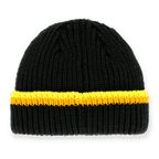 Bonnet noir et jaune du BVB au style rétro des années 70, orné d'une rayure jaune bien visible, idéal pour les supporters du Borussia Dortmund.